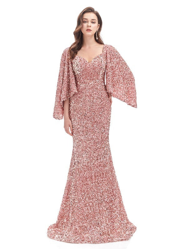Dusty Rose Mermaid 3/4 Sleeves Long Prom Dresses Online,Evening Party Dresses,12768