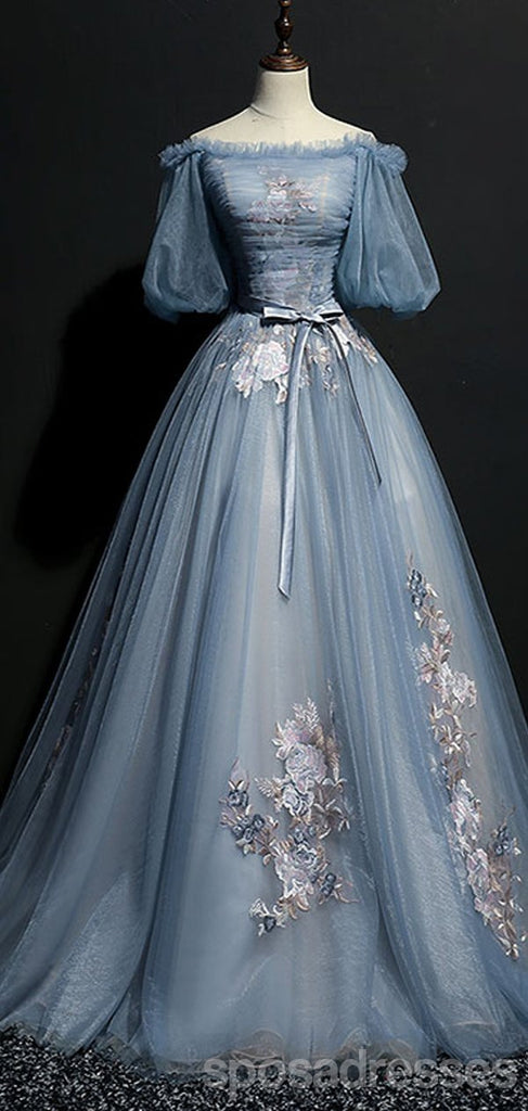 Blue A-line Off Shoulder Half Sleeves Long Party Prom Dresses, Dance Dresses,12550