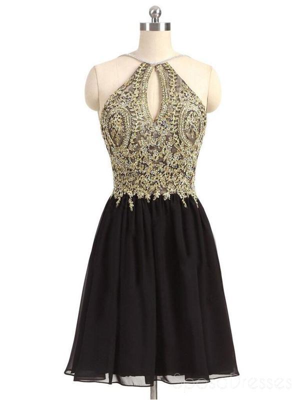 Gold Lace Beaded Black Chiffon Short Homecoming Prom Dresses, Affordab SposaDresses Gold Lace Beaded Black Chiffon Short Homecoming Prom Dresses, Affordab SposaDresses