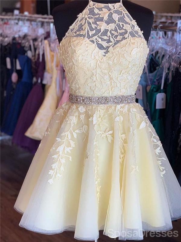 Halter Yellow Lace Beaded Short Cheap Homecoming Dresses Online, CM824