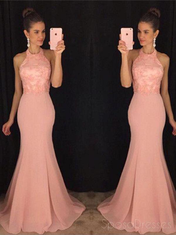 Halter Blush Pink Mermaid Evening Prom Dresses, Long Party Prom Dresses, 17063