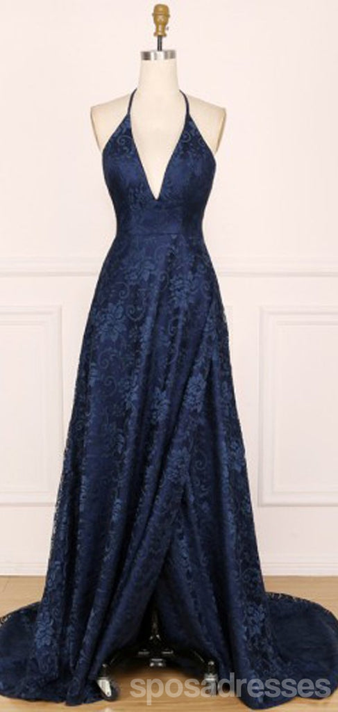 Blue A-line Halter V-neck Backless Long Party Prom Dresses,Cheap Prom Dresses,12547