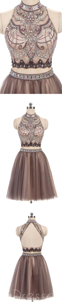 Sexy Two Pieces Beaded Brown Tulle Short Homecoming Prom Dresses, Affordable Short Party Prom Sweet 16 Dresses, Perfect Homecoming Cocktail Dresses, CM367