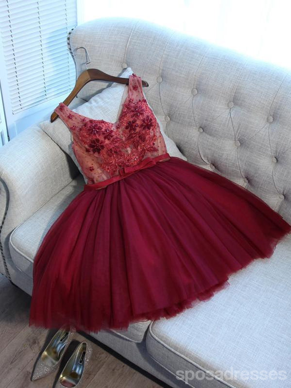 V Neck Burgundy Lace Cheap Short Homecoming Dresses Online, CM688