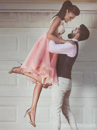 V Neck Lace Beaded Blush Pink Short Cheap Homecoming Dresses Online, CM731