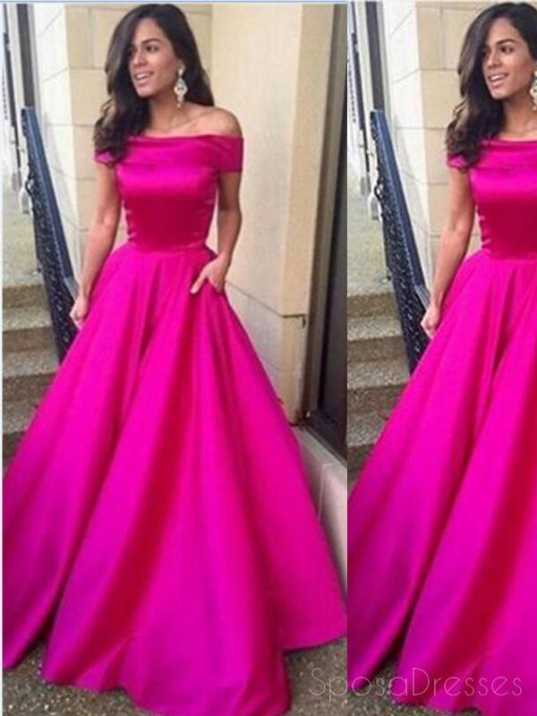 A line Hot Pink Off Shoulder Prom Dresses ,Simple Prom Dresses, Cheap Prom Dresses,PD0188