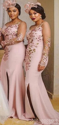 Floral Mermaid Pink Illusion Long Sleeves High Slit Bridesmaid Dresses Gown Online, WG1004