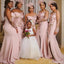 Floral Mermaid Pink Illusion Long Sleeves High Slit Bridesmaid Dresses Gown Online, WG1004