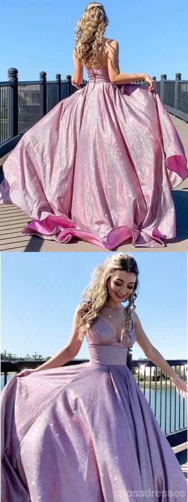 Pink A-line Spaghetti Straps V-neck Long Party Prom Dresses, Dance Dresses,12551