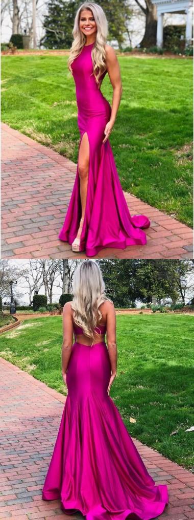 Hot Pink Mermaid Halter Side Slit Cheap Long Prom Dresses Online,12582