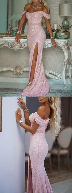 Sparkly Mermaid Pink Off Shoulder High Slit Long Prom Dresses Online,12592