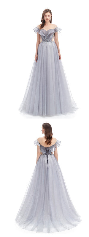 Grey A-line Short Sleeves Off Shoulder Long Prom Dresses Online,12775