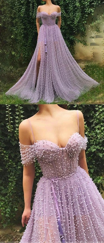 Purple A-line Spaghetti Straps Off Shoulder High Slit Long Prom Dresses Online,12790