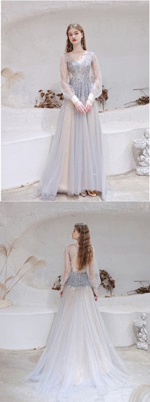 See Through A-line Long Sleeves V-neck Backless Prom Dresses Online,12760