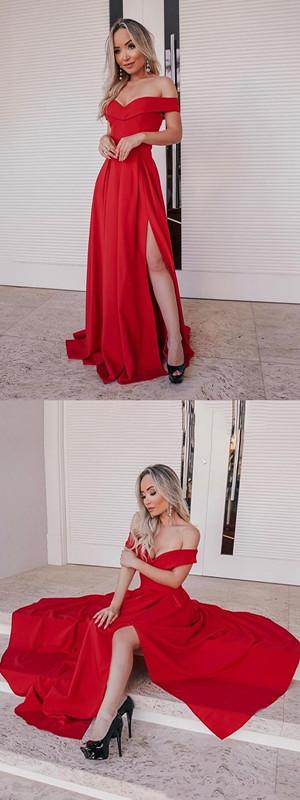 Sexy Red A-line Off Shoulder Side Slit Cheap Long Prom Dresses Online,12614