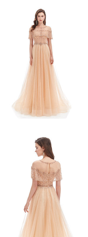 Elegant Champagne A-line Short Sleeves Long Prom Dresses Online,12773