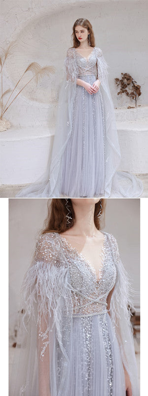 Elegant Blue A-line V-neck Long Prom Dresses Online, Evening Party Dresses,12758