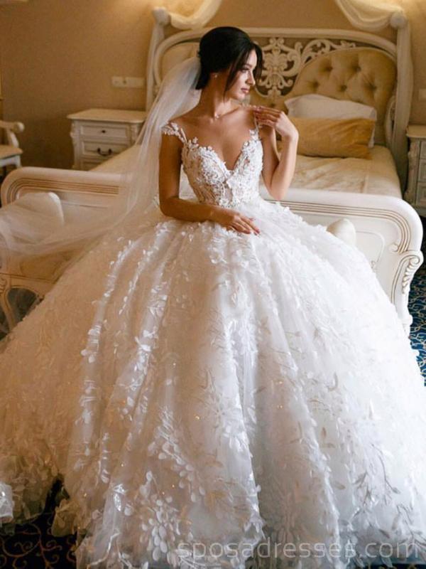 Lace Straps Ball Gown V-neck Long Wedding Dresses Online, Cheap Bridal –  SposaDresses