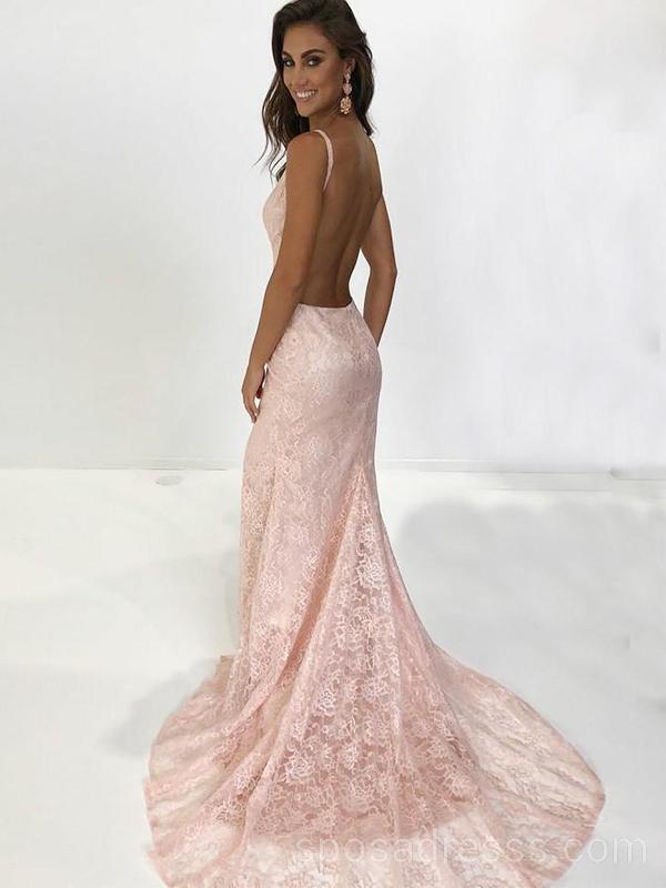 Sexy Backless Pink Lace Mermaid Long Evening Prom Dresses, Cheap Custo SposaDresses Sexy Backless Pink Lace Mermaid Long Evening Prom Dresses, Cheap Custo SposaDresses