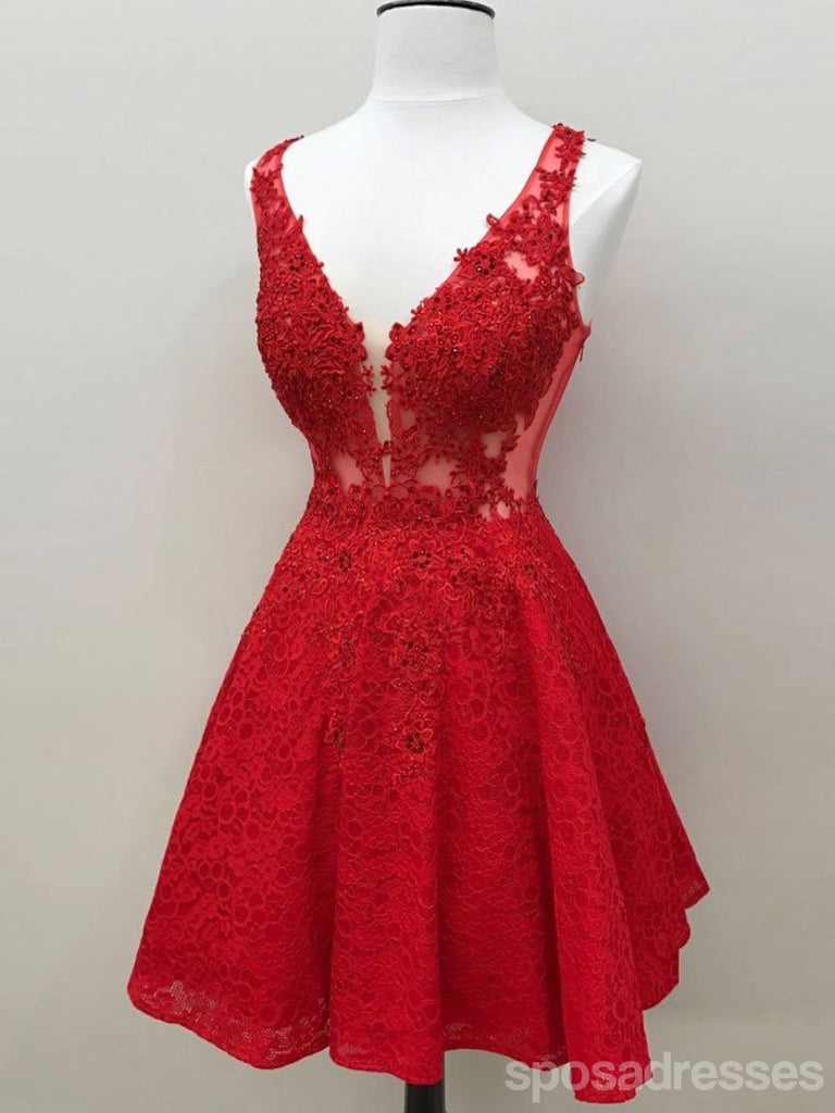 Red See Through Lace Custom Cheap Homecoming Dresses 2018, CM426