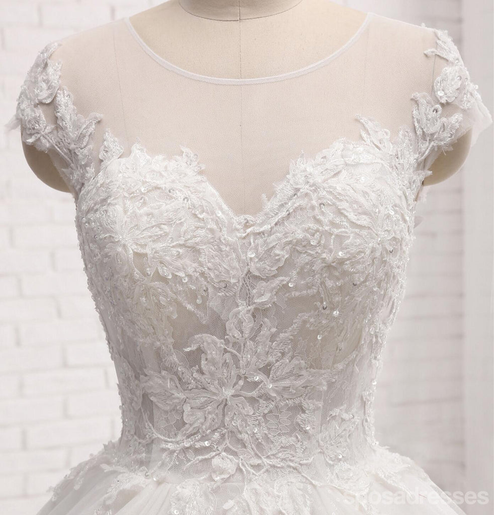 Sexy Open Back Cap Sleeve Long Tail Lace Wedding Bridal Dresses, Custom Made Wedding Dresses, Affordable Wedding Bridal Gowns, WD240