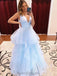 Light Blue V Neck Ball Gown Long Evening Prom Dresses, Evening Party Prom Dresses, 12139
