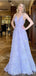 Light Purple A-line Spaghetti Straps V-neck Long Prom Dresses Online,12609