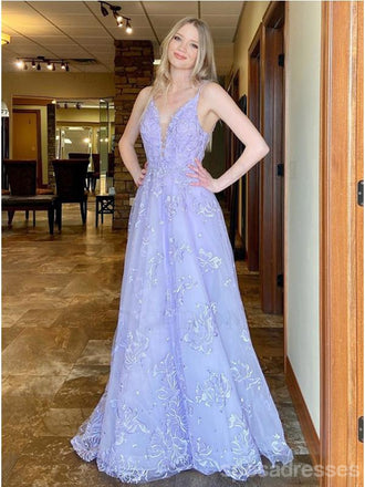 Light Purple A-line Spaghetti Straps V-neck Long Prom Dresses Online,12609