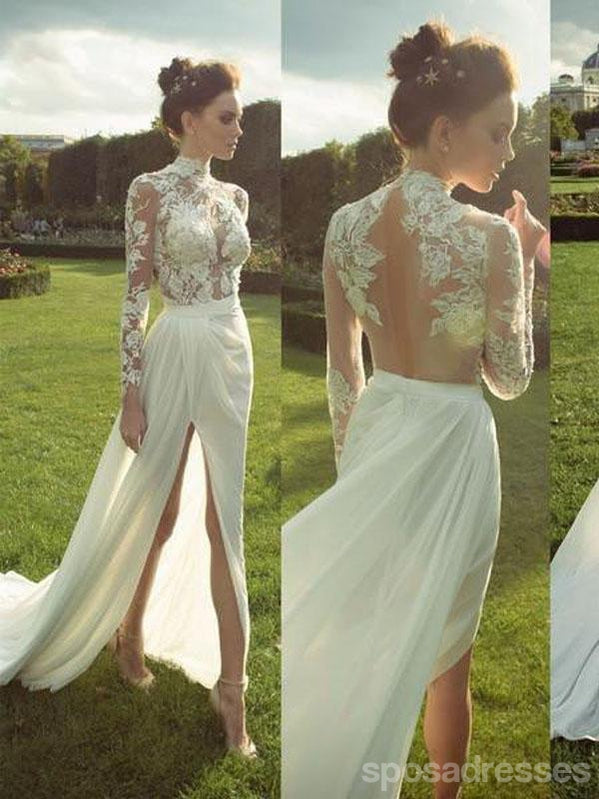 Long Sleeve High Neckline See Through Open Back Lace Wedding Dresses, – SposaDresses