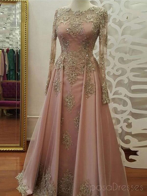 Long Sleeves Gold Lace Beaded Pink Skirt Long Evening Prom Dresses, Ch SposaDresses Long Sleeves Gold Lace Beaded Pink Skirt Long Evening Prom Dresses, Ch SposaDresses