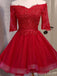 Off Shoulder Short Sleeve Red Lace Cute Homecoming Prom Dresses, Affordable Short Party Prom Dresses, Perfect Homecoming Dresses, CM307