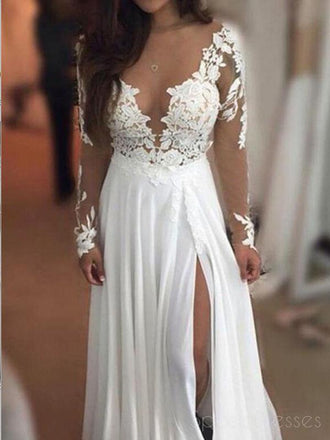 Long Sleeve Lace Beach Wedding Dresses, See Through Chiffon Wedding Gown, 17088