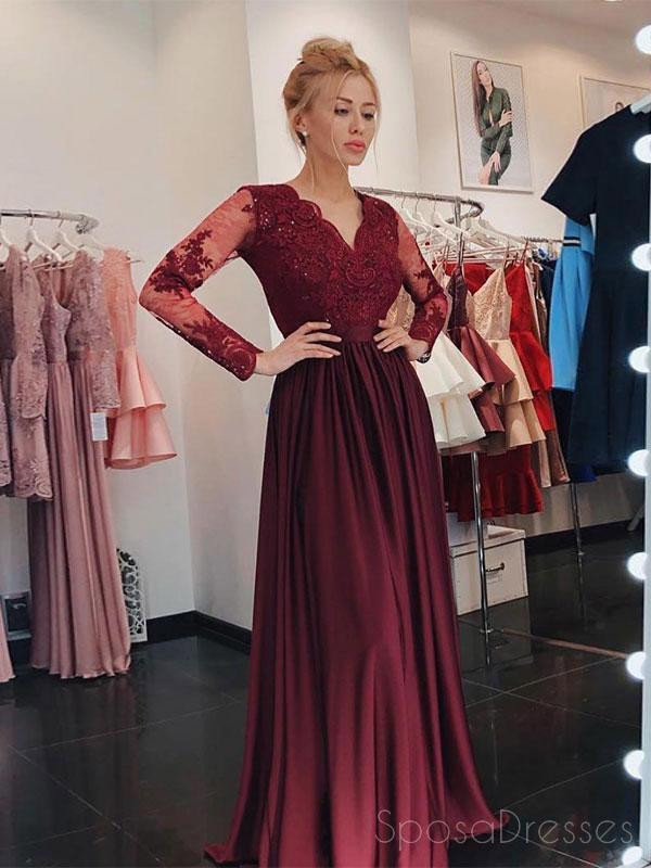 Long Sleeves Maroon Lace Beaded Long Evening Prom Dresses, Cheap Sweet –  SposaDresses