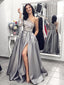 Grey One Shoulder Long Sleeves Lace Long Evening Prom Dresses, Cheap Custom Sweet 16 Dresses, 18469