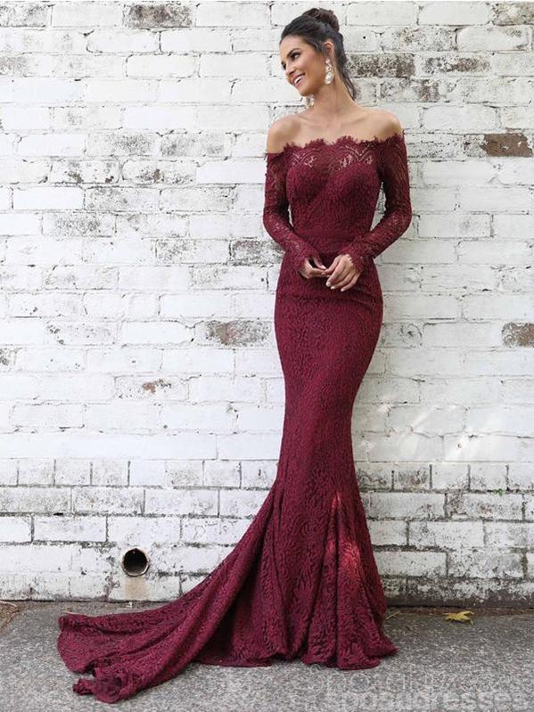 Off Shoulder Long Sleeves Lace Mermaid Long Evening Prom Dresses, Chea – SposaDresses
