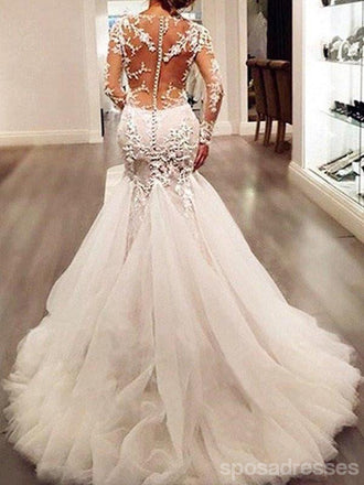 Long Sleeve Lace Mermaid Wedding Dresses,  See Through Long Custom Wedding Gowns,17101