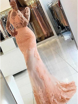 Peach Sweetheart Sheer Lace Corset Mermaid Prom Dress