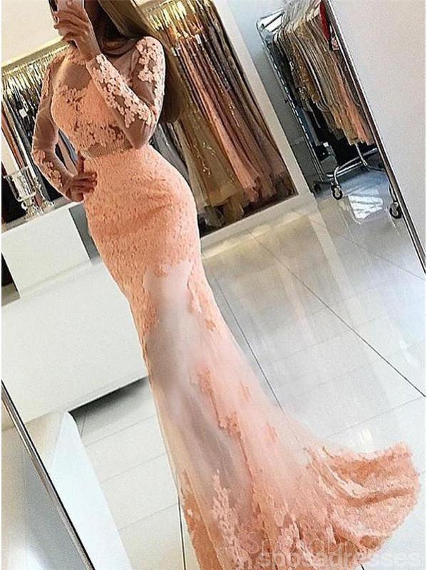 Sexy Long Sleeve Backless See Through Peach Lace Beaded Long Evening P SposaDresses Sexy Long Sleeve Backless See Through Peach Lace Beaded Long Evening P SposaDresses