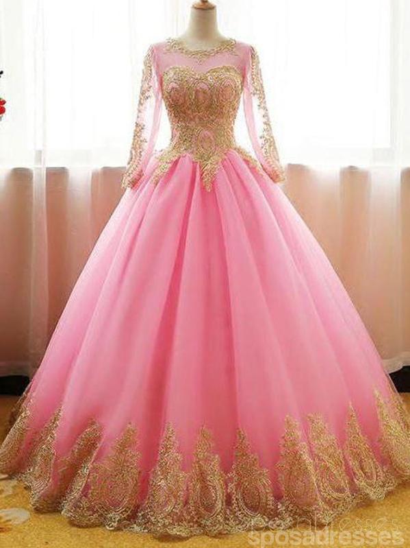 Long Sleeves Gold Lace Pink Skirt A-line Long Evening Prom Dresses, Ch SposaDresses Long Sleeves Gold Lace Pink Skirt A-line Long Evening Prom Dresses, Ch SposaDresses
