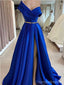 Blue A-line Off Shoulder High Slit Cheap Long Prom Dresses Online,12927