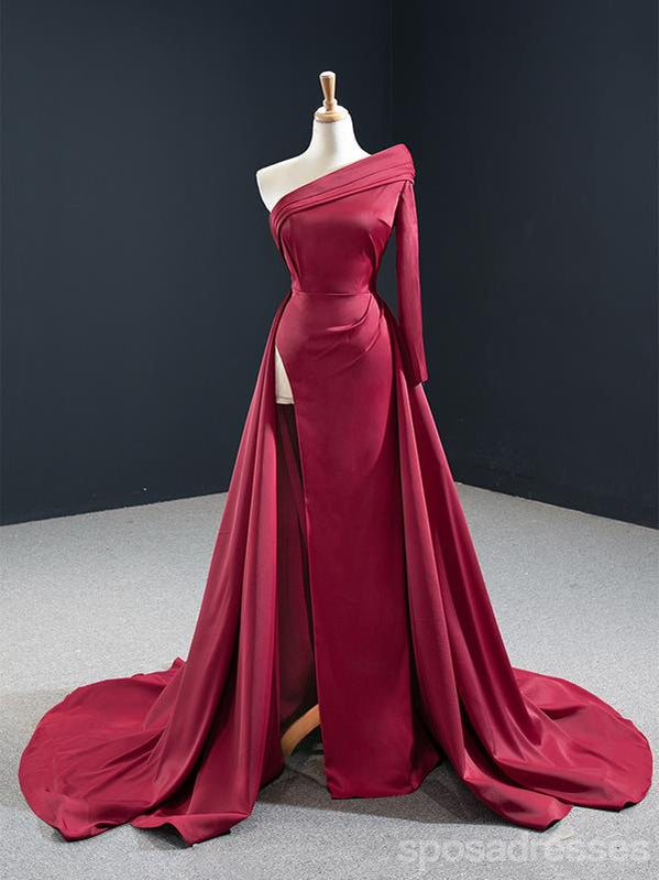 Burgundy Mermaid Long Sleeves One Shoulder High Slit Prom Dresses Online,Dance Dresses,12590