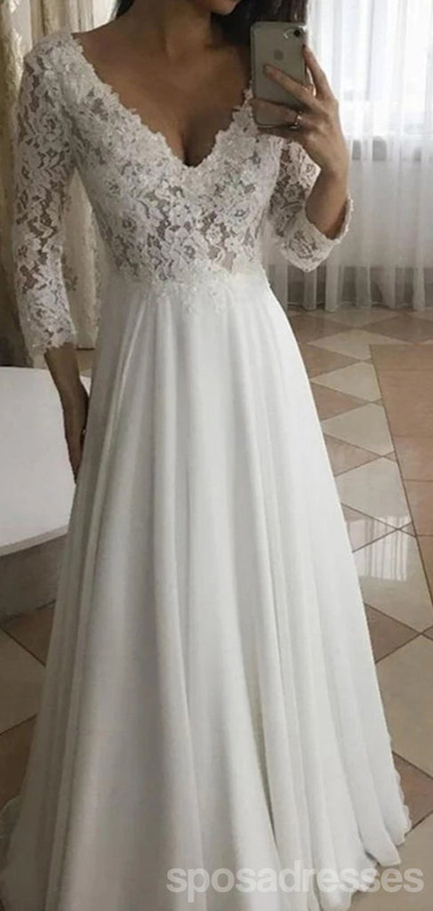 Long Sleeves A-line V-neck Handmade Lace Wedding Dresses,WD781