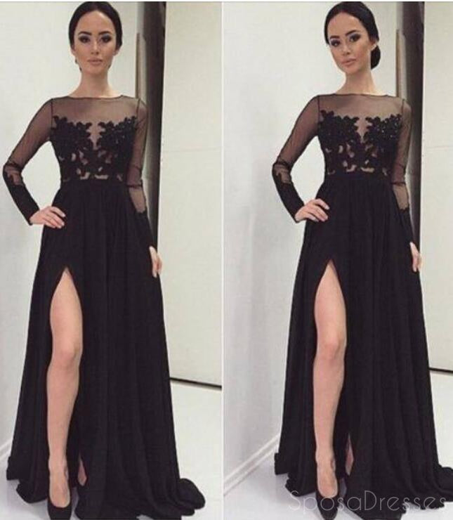 Long Sleeves Black Side Slit Evening Prom Dresses, Evening Party Prom Dresses, 12200
