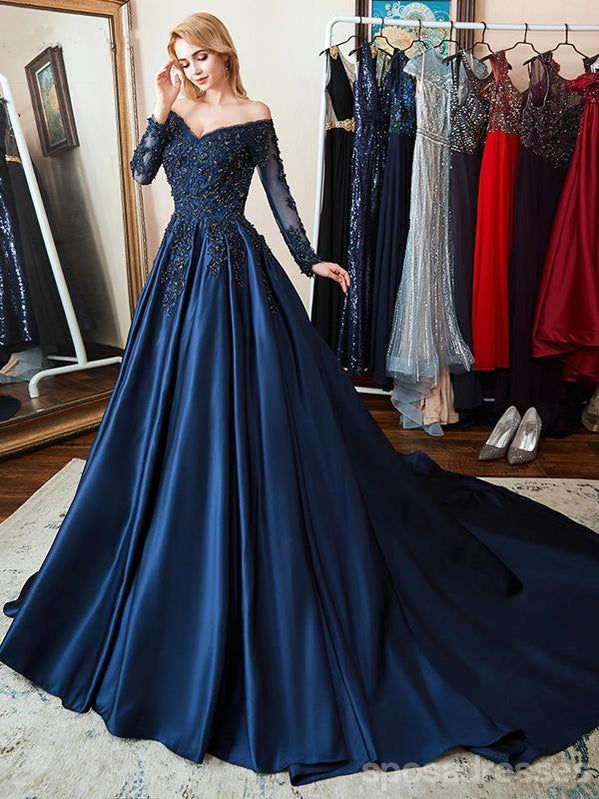 A-line Long Sleeves Blue Long Party Prom Dresses Online,Dance Dresses,12558
