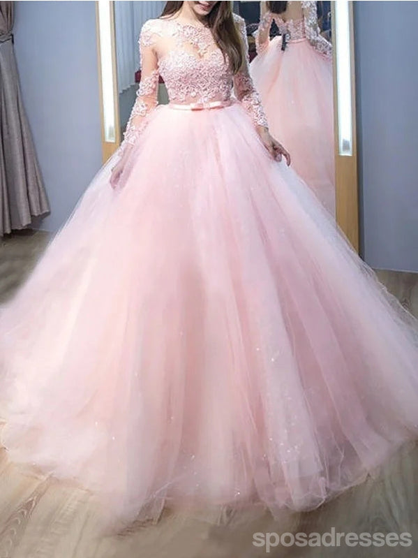 Pink A-line Long Sleeves Jewel Cheap Long Prom Dresses,Evening Party Dresses,12829