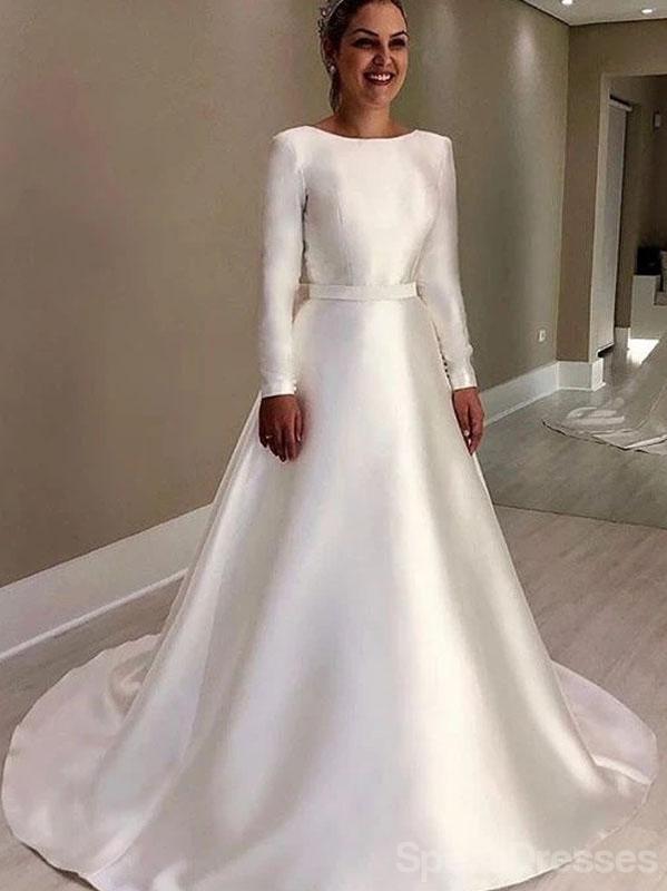Simple Long Sleeves Satin A-line Wedding Dresses, Cheap Wedding Gown, SposaDresses Simple Long Sleeves Satin A-line Wedding Dresses, Cheap Wedding Gown, SposaDresses
