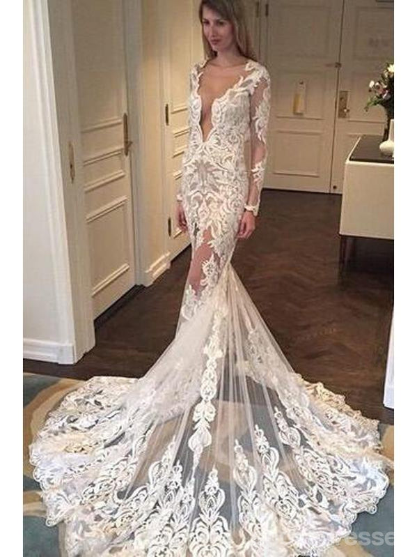 See Through Mermaid Long Sleeves V-neck Lace Wedding Dresses Online,WD741