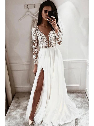Long A-line Side Slit Long Sleeves Handmade Lace Wedding Dresses Online,WD749