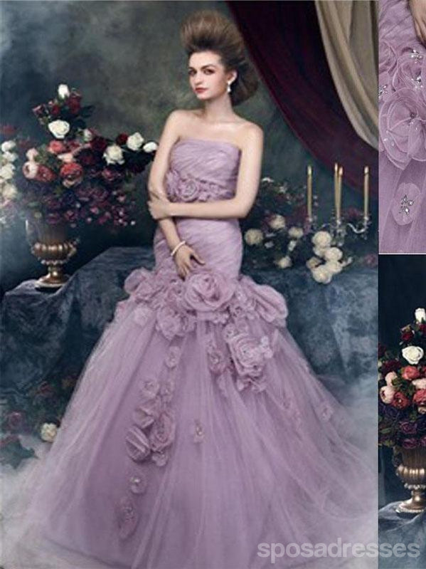 Gorgeous Strapless Mermaid Light Purple Tulle Appliques Wedding Dresses, WD0176