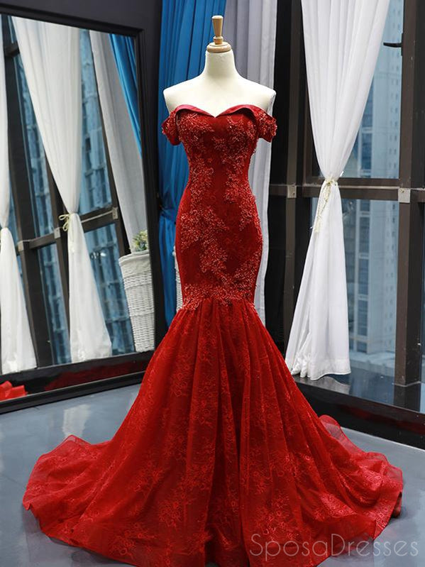 Mermaid Lace Strapless Red Long Prom Dresses, Sweet 16 Prom Dresses, 12503